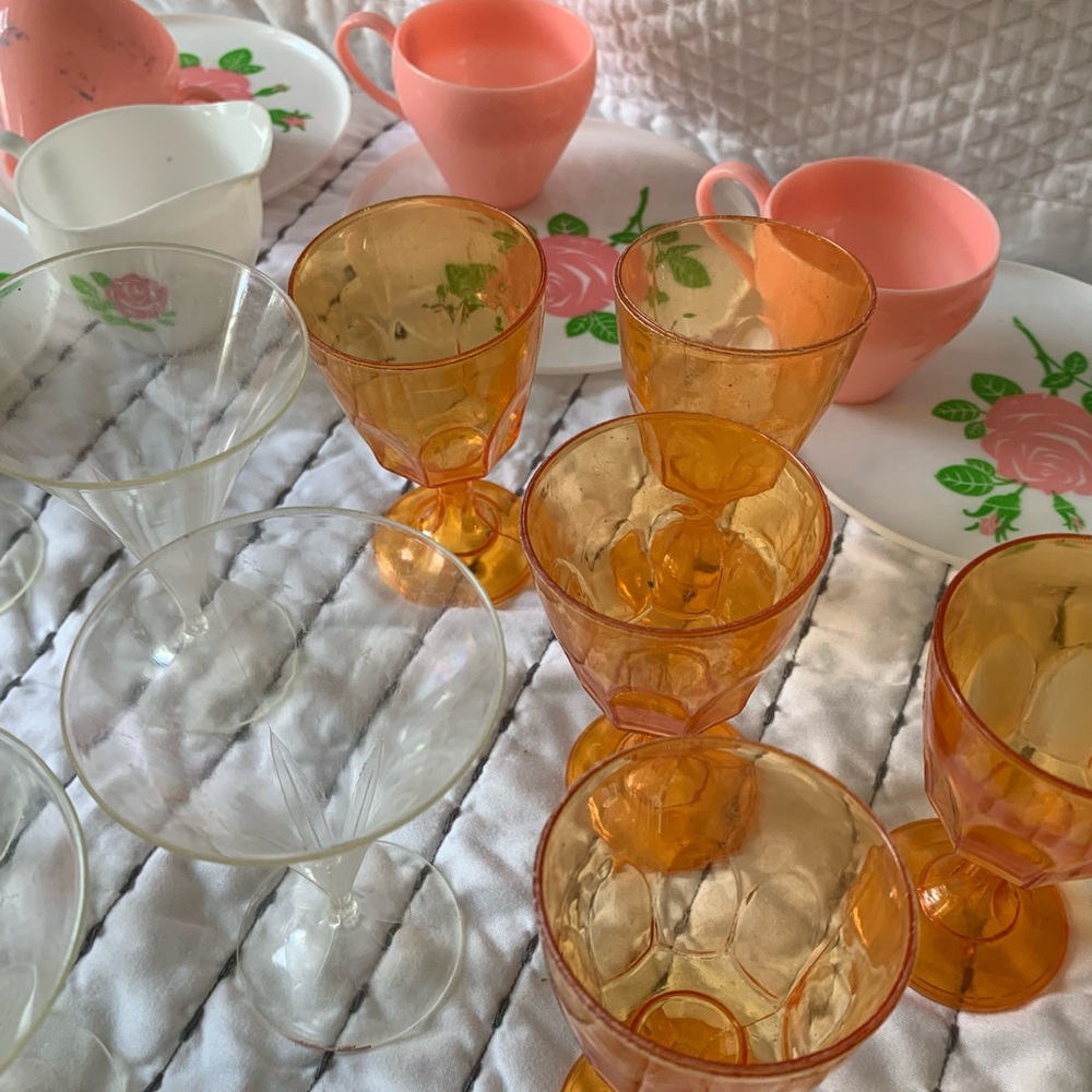 Vintage Mini Tea Cups Saucers Wine Water Goblet Pink Rose Orange Doll Drinks
